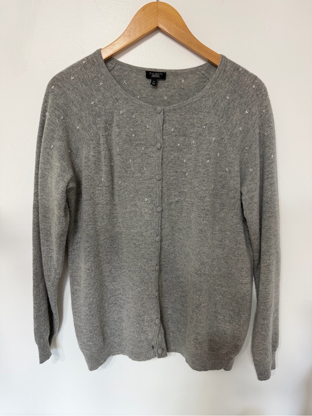 Talbots Lambswool Angora Rabbit Hair Gray Embellished Button Cardigan Women XL